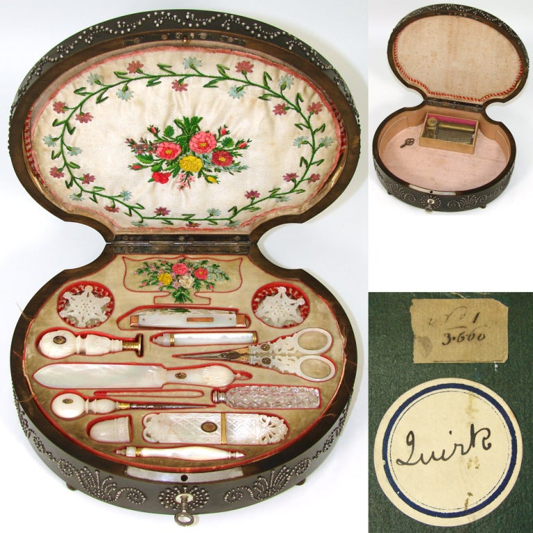 VR Antique French Palais Royal Sewing Box and Twelve Mother of Pearl Enamel Tools 1