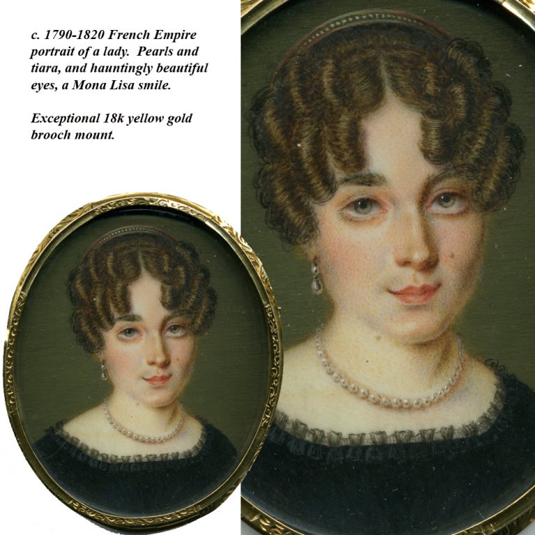 A stunning miniature portrait with breathtaking artistry and a fine 18k gold mount, this young woman comes to us from France and is either backed by or painted directly on a mother of pearl wafer (visible from backside). This is something done to