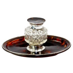Vintage 1909 English Tortoise Shell Sterling Silver Inkwell