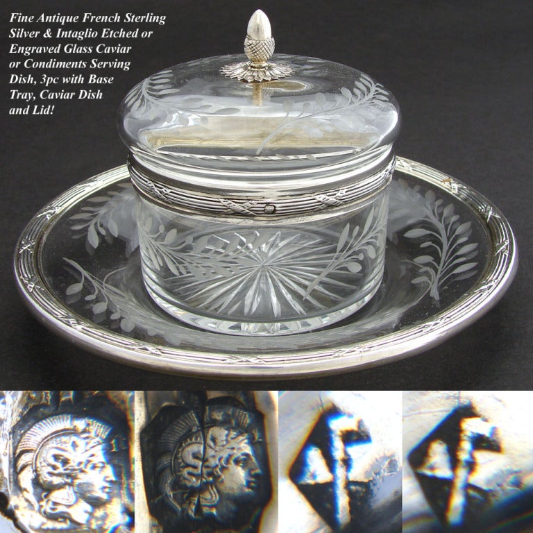 Antique French Sterling Silver & Intaglio Glass Caviar Condiment