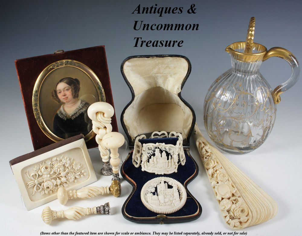 Women's or Men's Antique English Victorian Carved Ivory Bracelet & Brooch, Box For Sale