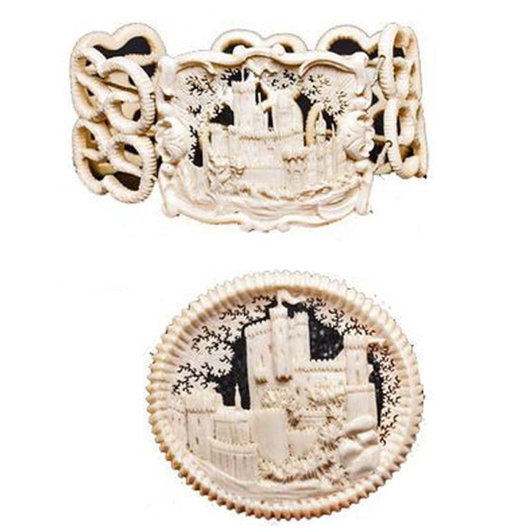 Antique English Victorian Carved Ivory Bracelet & Brooch, Box For Sale