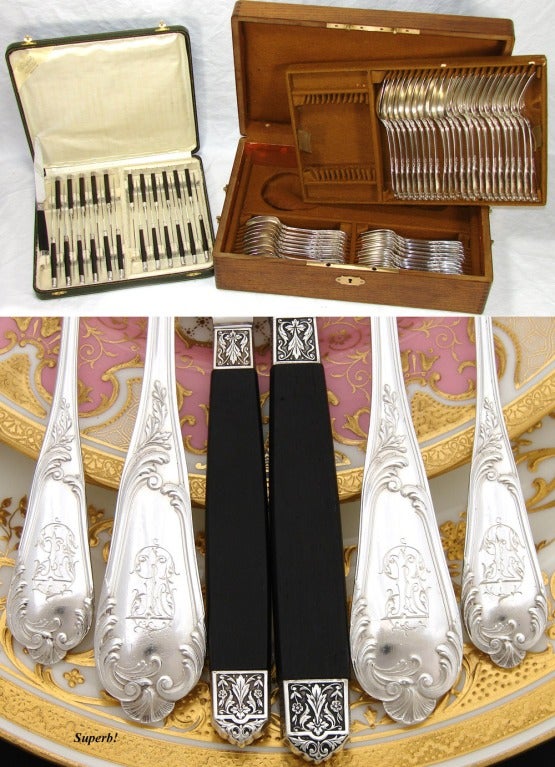 Antique French Sterling Silver 72pc Dinner Flatware Set Ornate Scrolled Pattern Storage Chest