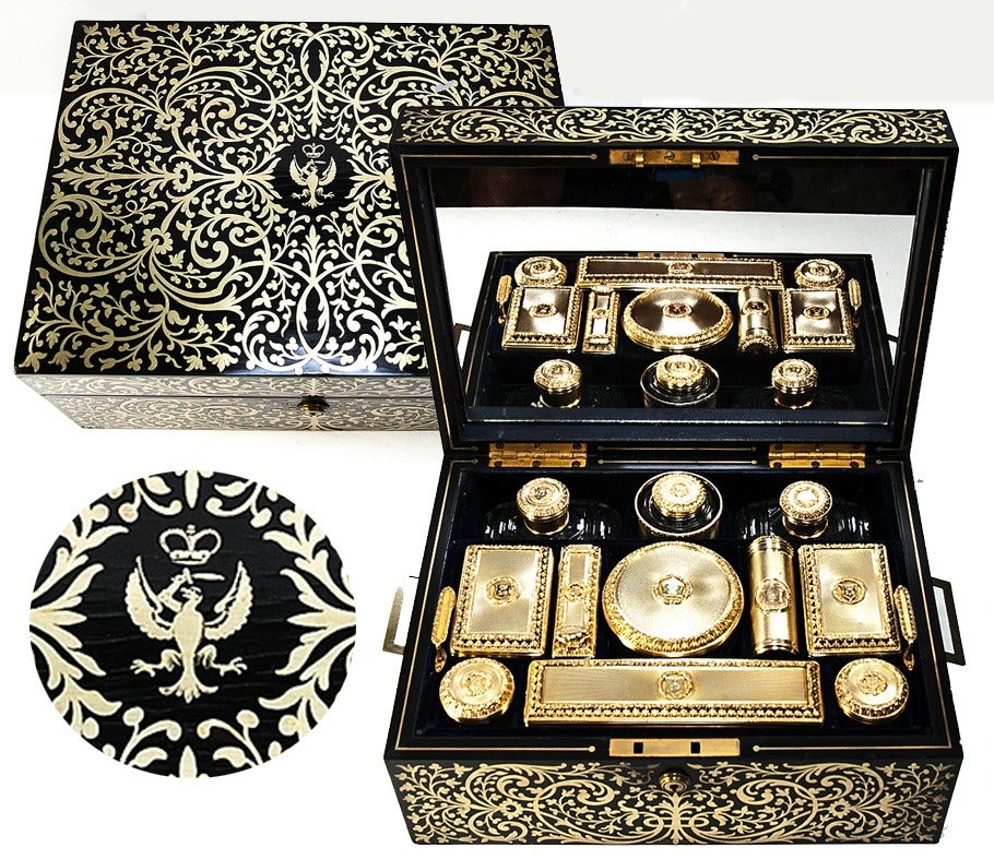 I just bought this fabulous 19th century Royal crest Boulle chest loaded with pristine vanity items last month in Paris. It's so rare to find a set with crown monograms or crest, and all the more so one that is complete and undamaged. This one is