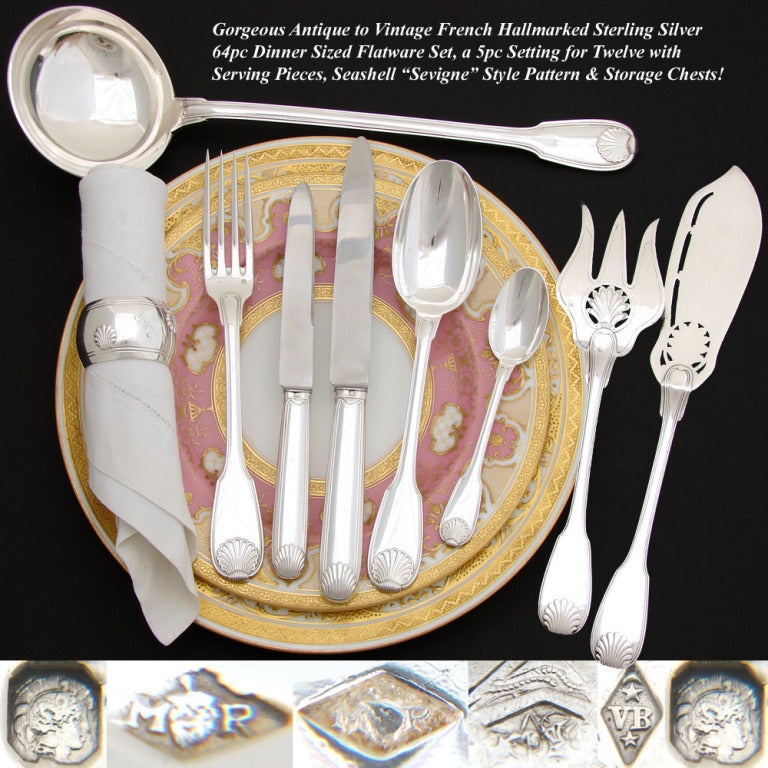 Superb Antique French Sterling Silver 64 Piece Dinner Flatware Set with Seashell Pattern