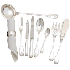 Superb Antique French Sterling Silver 64 Piece Dinner Flatware Set with Seashell Pattern