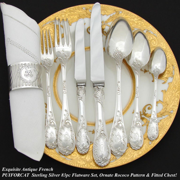 PUIFORCAT Antique Sterling Silver Flatware Set, Chest: Louis XV