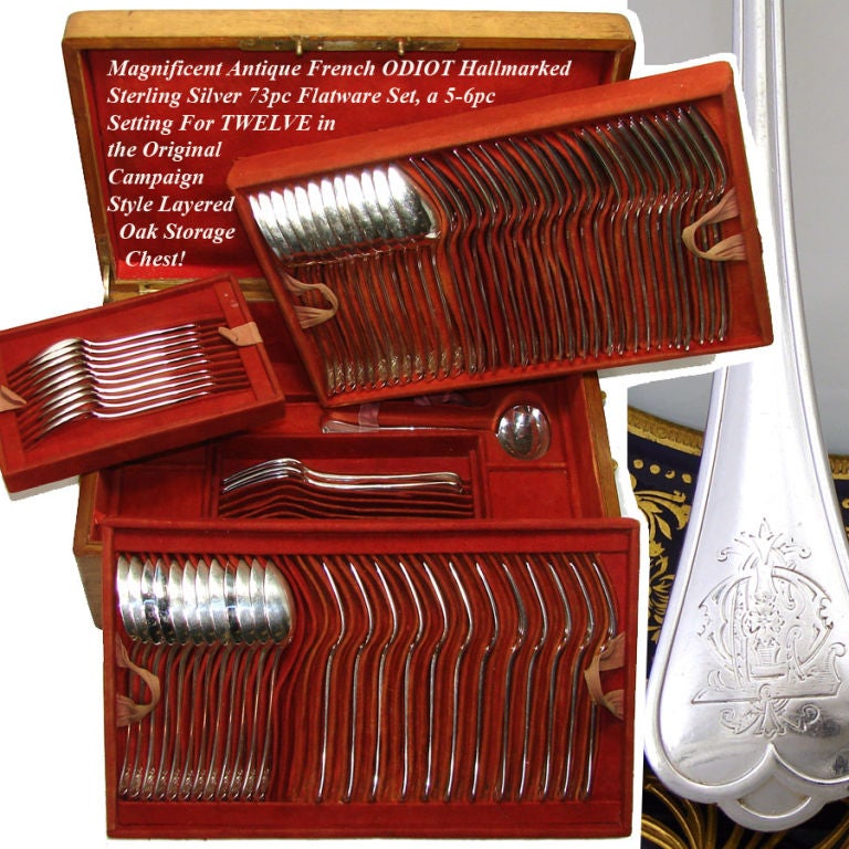 ODIOT French Sterling Silver 72+pc Flatware Set, Campaign Chest