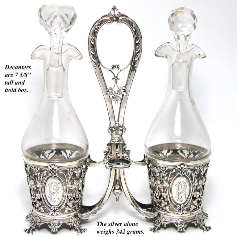 Women's or Men's Antique French Sterling Silver Oil & Vinegar Cruet Stand, Ornate For Sale
