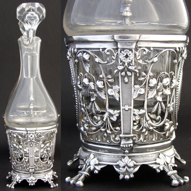 Antique French Sterling Silver Oil & Vinegar Cruet Stand, Ornate For Sale 3