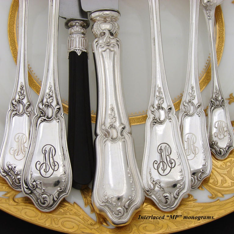 Antique French Rococo Style Sterling Silver 84pc Flatware Set