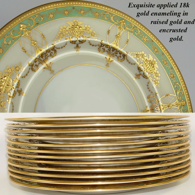 19th Century Antique Lenox Raised Encrusted Gold Plate Set: 12, GUMP, SF