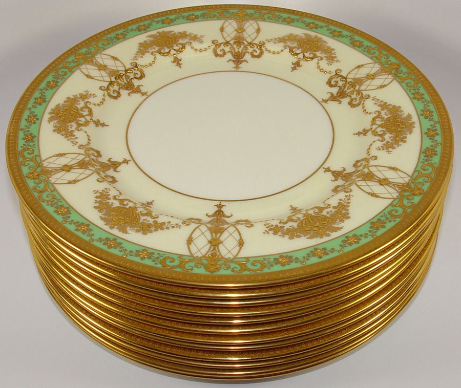 Antique Lenox Raised Encrusted Gold Plate Set: 12, GUMP, SF 1