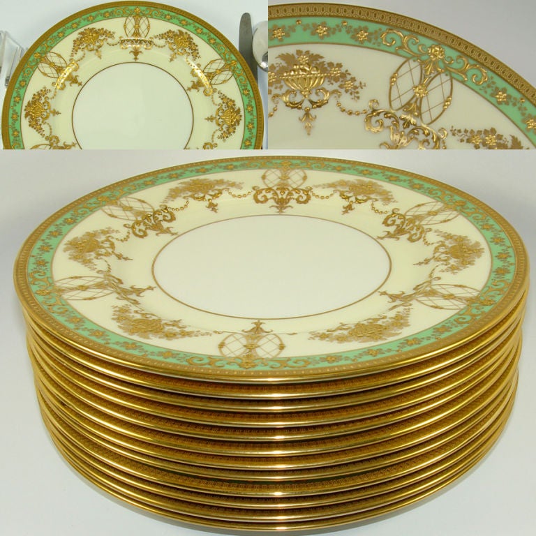 Antique Lenox Raised Encrusted Gold Plate Set: 12, GUMP, SF 4