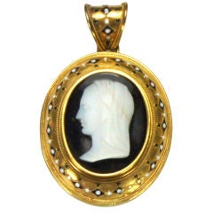 Antique Victorian Gold Enamel & Agate Cameo Lavalier, Pendant