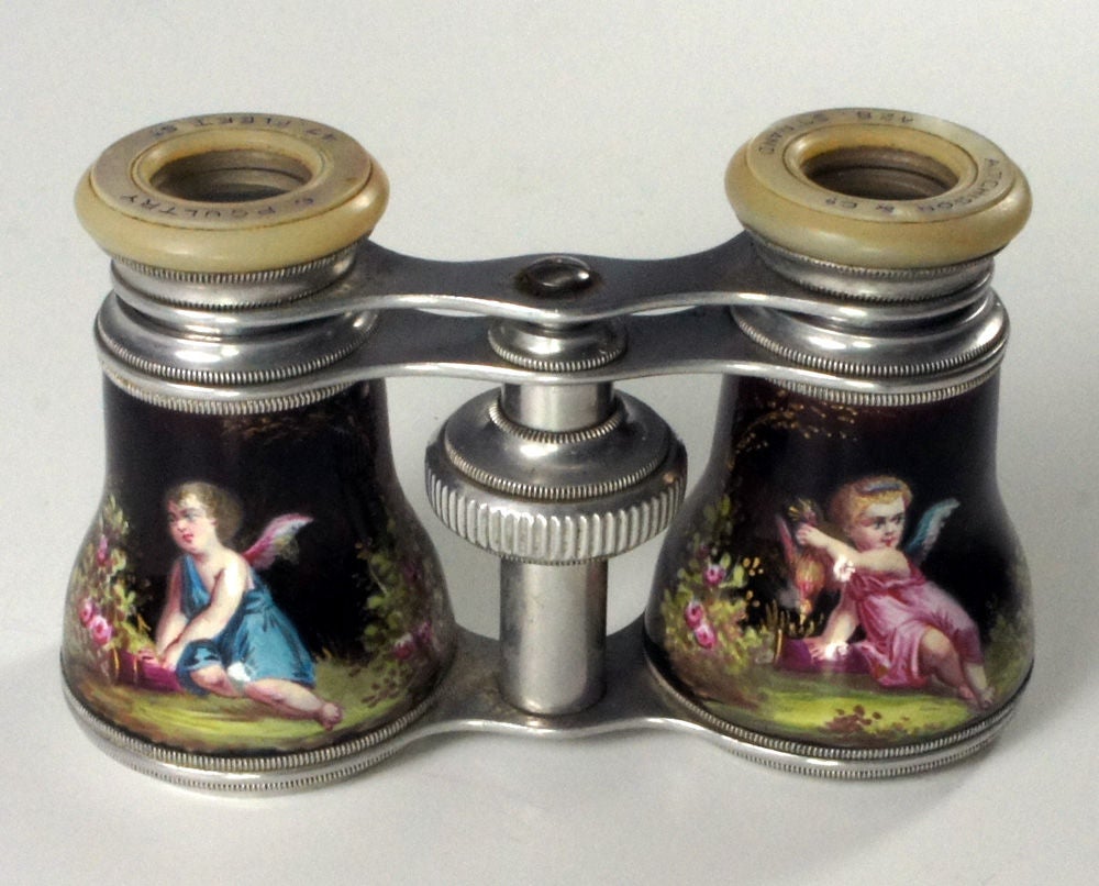 Superb Antique French Kiln-fired Enamel Opera Glasses, Putti