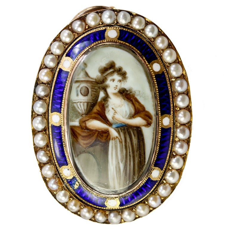 Antique Georgian Portrait Miniature Mourning Pendant, Seed Pearl For Sale