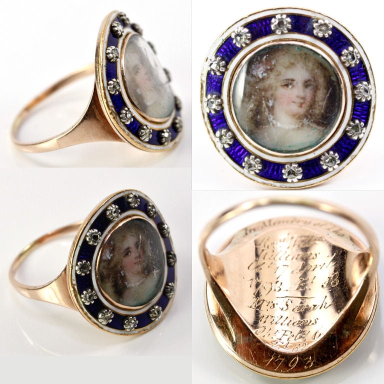 Antique Georgian Gold Portrait Miniature Ring Framed in Diamonds at 1stDibs