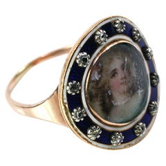 Antique Georgian Gold Portrait Miniature Ring Framed in Diamonds