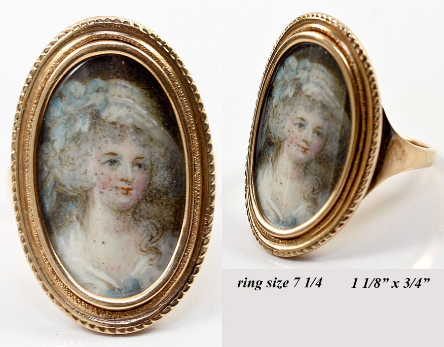 A poignent bit of the past, this lovely old Georgian mourning ring with a portrait of the young woman mourned, whose death at just 22 in 1789 is noted on back. Her name was Sarah Morley and she died on St. Valentine's Day of her 22nd year.  Surely