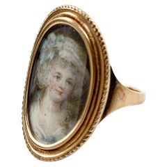 Antique Georgian Gold Portrait Miniature Ring, Young Woman