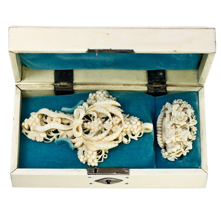 Antique French Carved Ivory Pendant, Brooch, Original Ivory Box For Sale