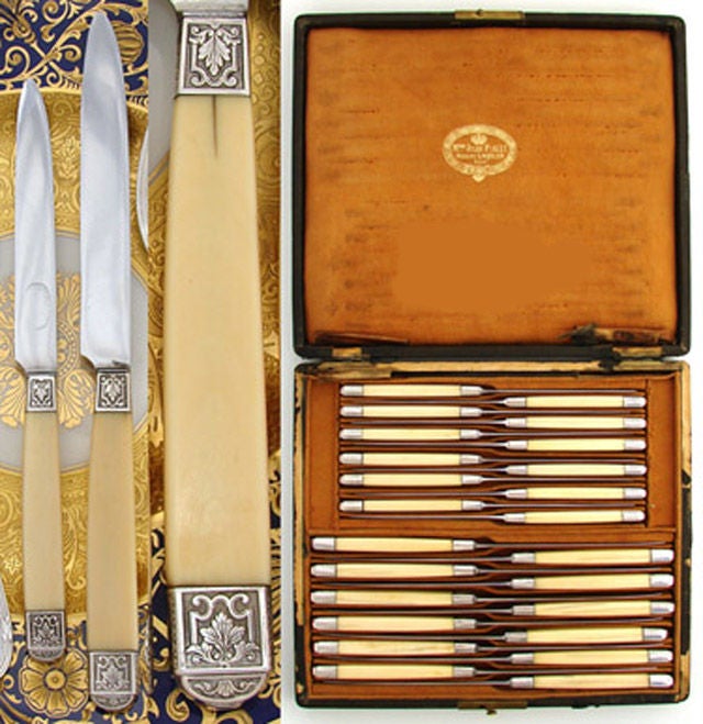 Magnificent antique French 24pc table knife set, a 2pc setting for TWELVE with elegant Empire style sterling silver & natural handles! The box notes Robert Linzeler as Jules Piault's successor so this set would predate or fall right at the