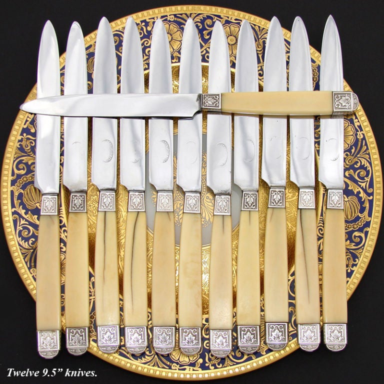 Women's 24pc Set Antique French Knives, J. Piault, LINZELER Ivory, Silver For Sale