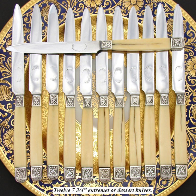 24pc Set Antique French Knives, J. Piault, LINZELER Ivory, Silver For Sale 1