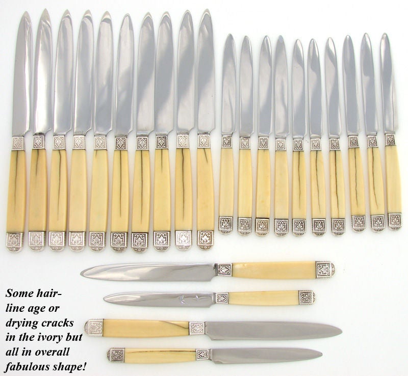 24pc Set Antique French Knives, J. Piault, LINZELER Ivory, Silver For Sale 3