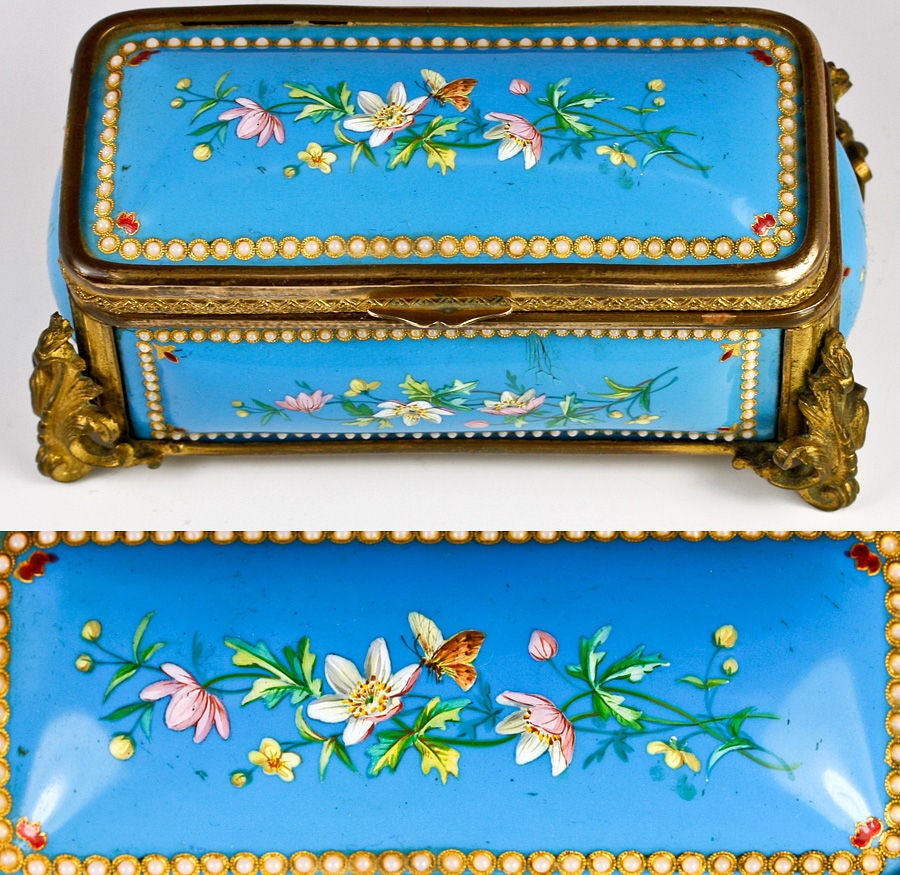 Victorian Antique French Kiln-fired Enamel Jewelry Casket, Box, Etui Tahan For Sale