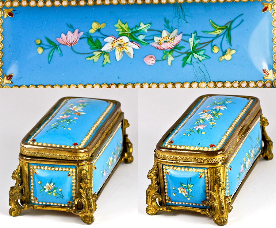 Women's or Men's Antique French Kiln-fired Enamel Jewelry Casket, Box, Etui Tahan For Sale