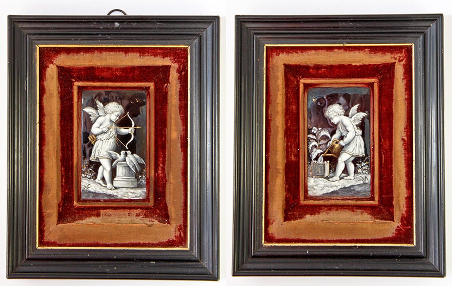 Women's Fine French Pair Antique Limoges Enamel Plaques, Ebony Frames For Sale