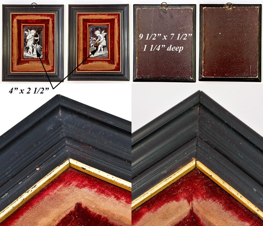 Fine French Pair Antique Limoges Enamel Plaques, Ebony Frames For Sale 1