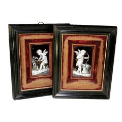 Fine French Pair Antique Limoges Enamel Plaques, Ebony Frames