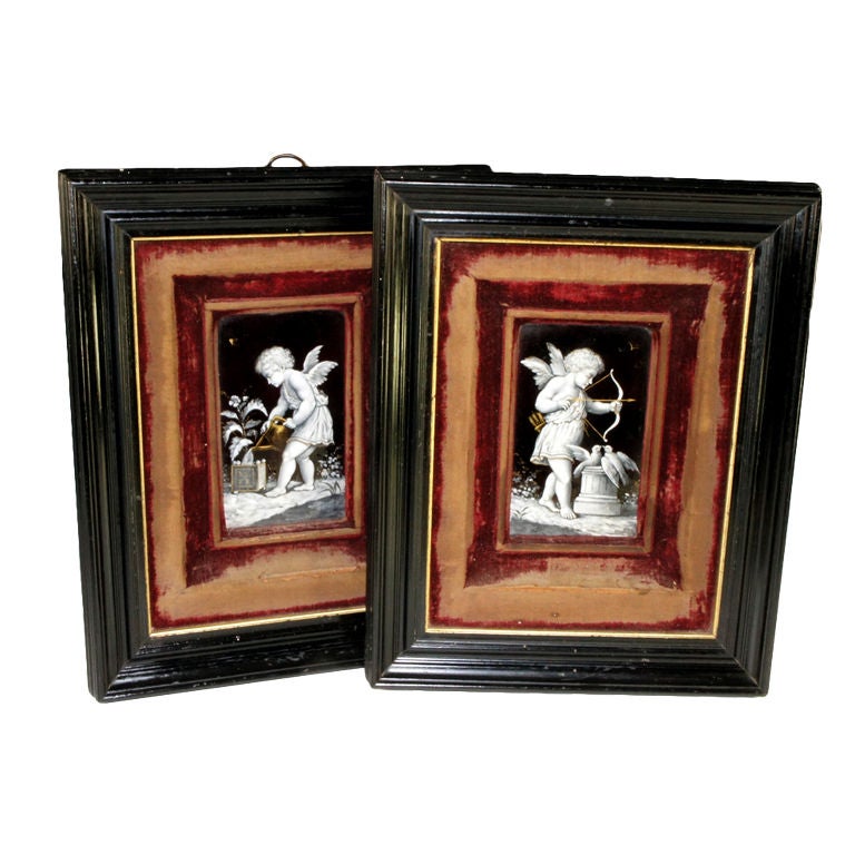 Fine French Pair Antique Limoges Enamel Plaques, Ebony Frames For Sale