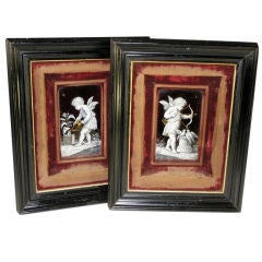 Fine French Pair Antique Limoges Enamel Plaques, Ebony Frames