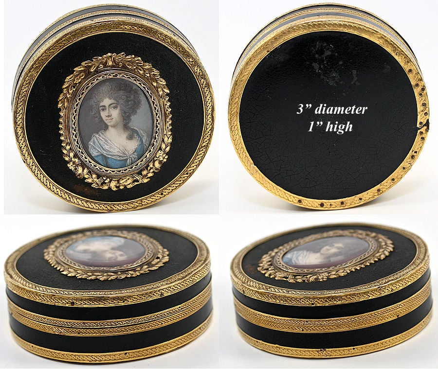 Georgian Antique French 1700s Portrait Miniature Snuff Box Gold, Tortoise