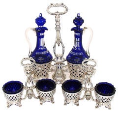 Antique French Sterling Silver & Cobalt 3pc Cruet Stand, Salts