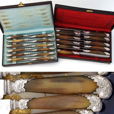 Absolutely gorgeous antique French Belle Epoque era 22pc table knife set, a 2pc setting for TEN with superb pistol grip shaped genuine horn & sterling silver handles! Yes, the set is missing two of the larger knives, keeping it from being a complete