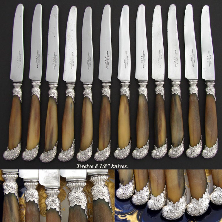 Antique French 22pc Dinner Knife Set, Pistol Grip Horn & Silver 3