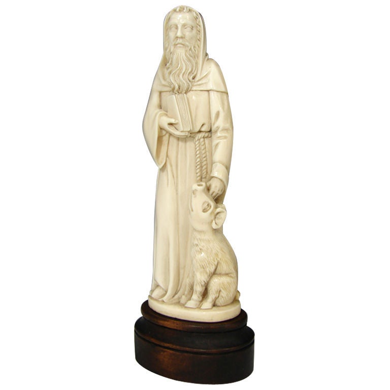 Antique Continental Carved Ivory 7.3" Figure, Saint Antony & Pig