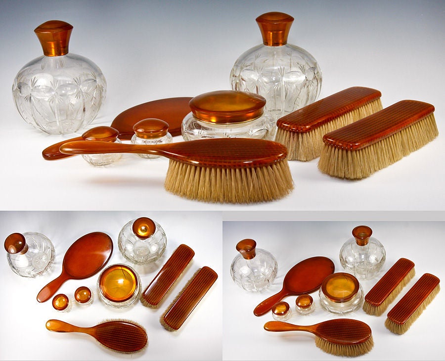 20th Century Antique 9 Pc. Vanity Set, Blond Tortoise Shell - 5 Jars, Cologne For Sale