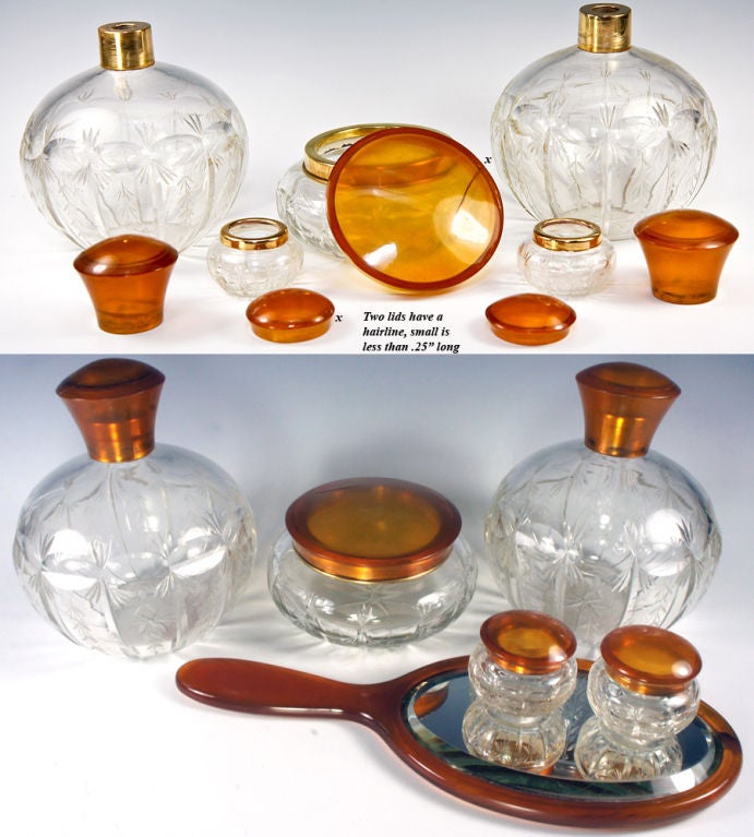 Antique 9 Pc. Vanity Set, Blond Tortoise Shell - 5 Jars, Cologne For Sale 1