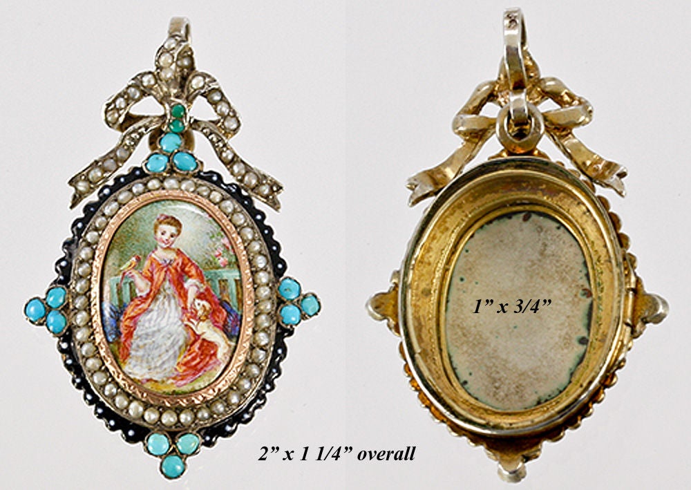 Antique French Enamel Portrait Miniature Mourning Pendant Pearls 1