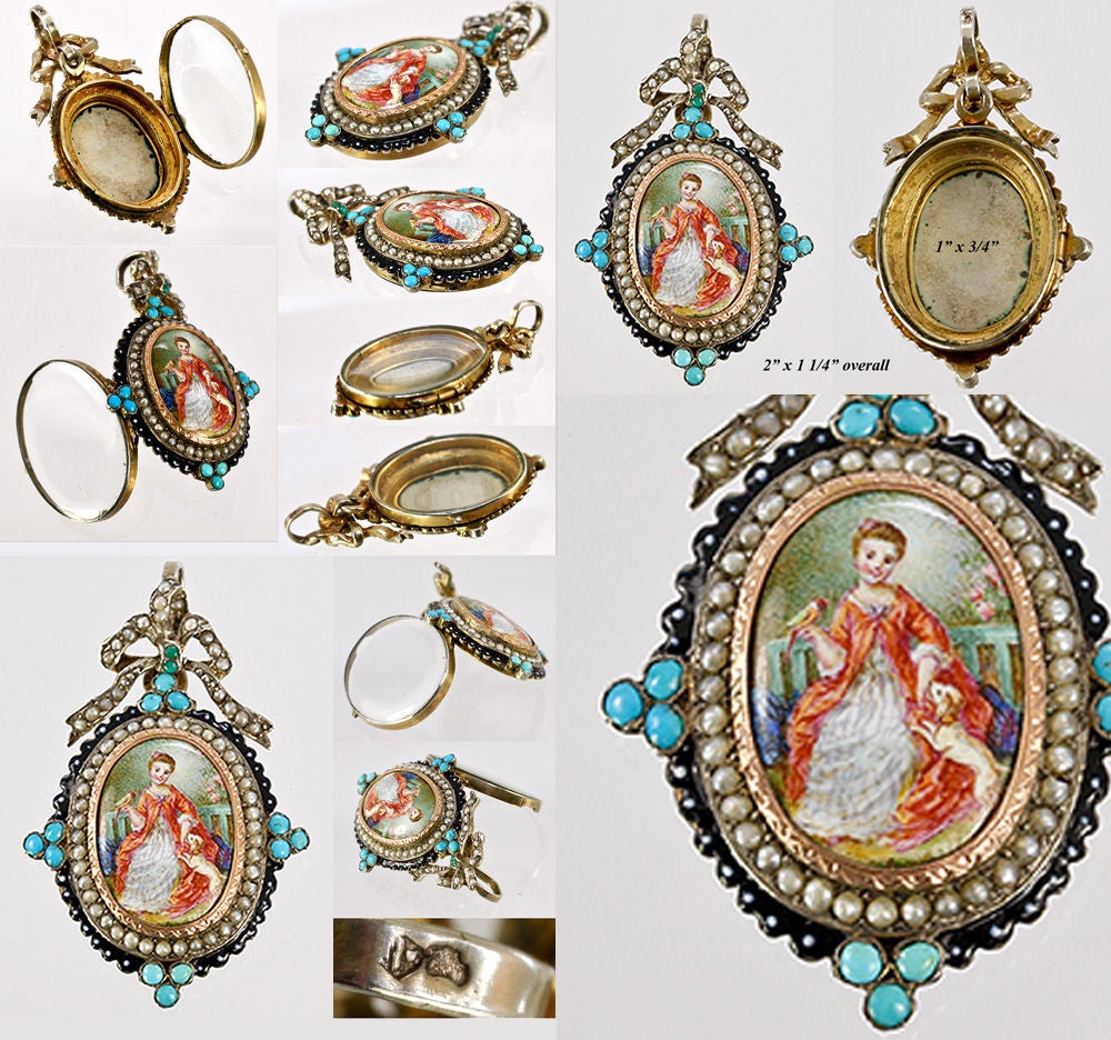 Antique French Enamel Portrait Miniature Mourning Pendant Pearls 4