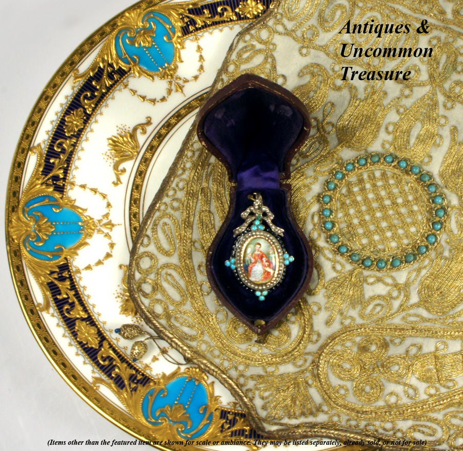 Antique French Enamel Portrait Miniature Mourning Pendant Pearls 5