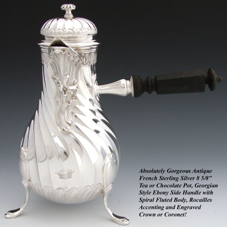 Antique French Sterling Silver Chocolate or Tea Pot, Crown Crest