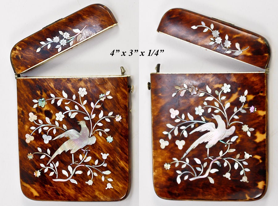 Victorian Antique Calling Card Case Etui Tortoise Shell Mother of Pearl For Sale