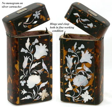 A while back we had a tea caddy done in this mother of pearl inlay against tortoise shell, and it sold so fast - I still miss it. I was thrilled to find that same French style of early tortie work this time in a cigar case. Some claim these are